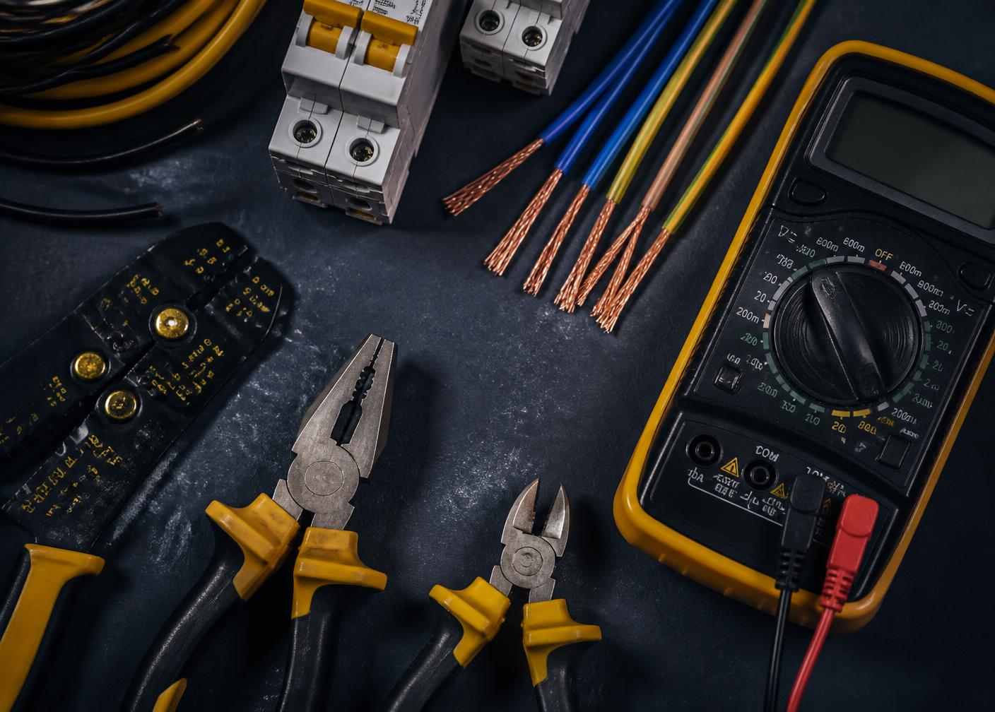 Ferramentas e materiais elétricos sobre bancada