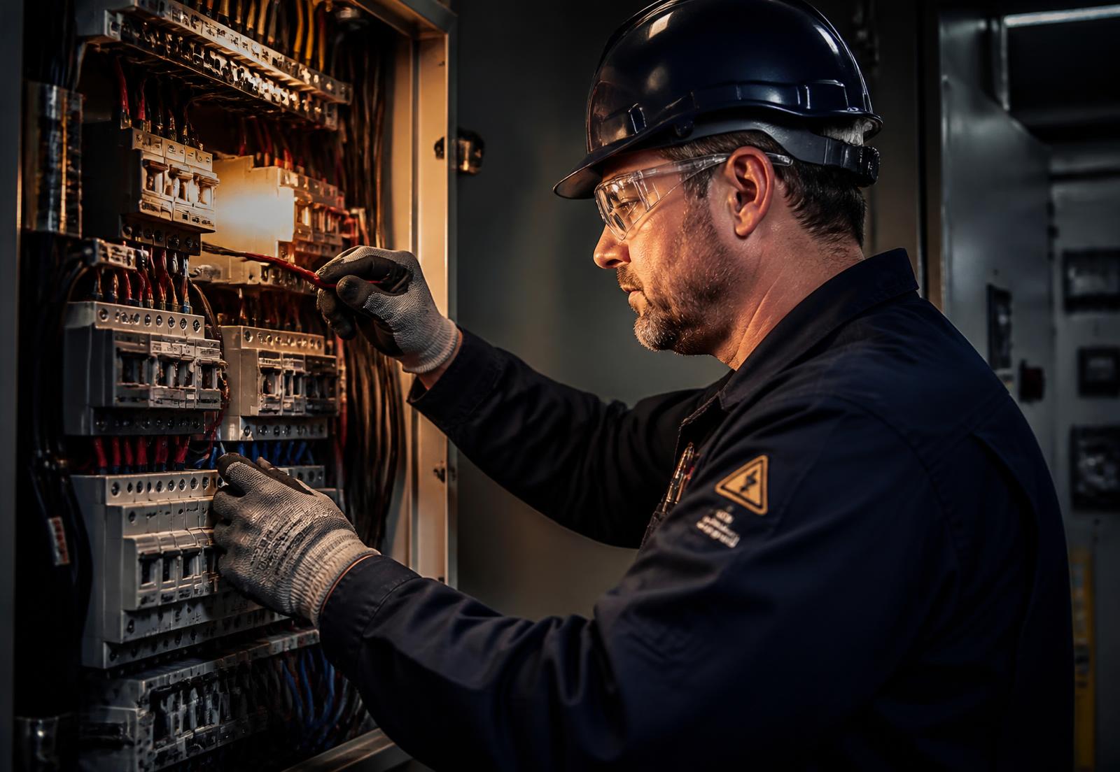 Eletricista da BP realizando manutenção em quadro de distribuição